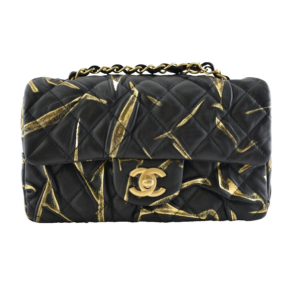 Chanel 21A Black Gold Painted Mini Flap Rectangle CC Quilted Chain Crossbody Bag - Picture 1 of 12